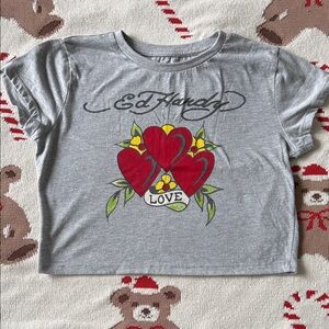 Ed Hardy Gray Tee with Red Heart and Love Design